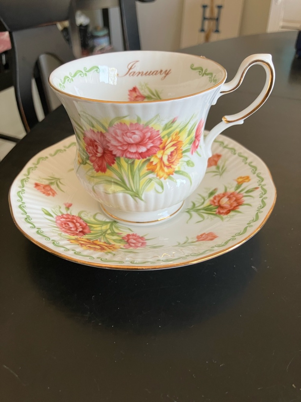January Floral Teacup and Saucer - Pink and Yellow Flowers